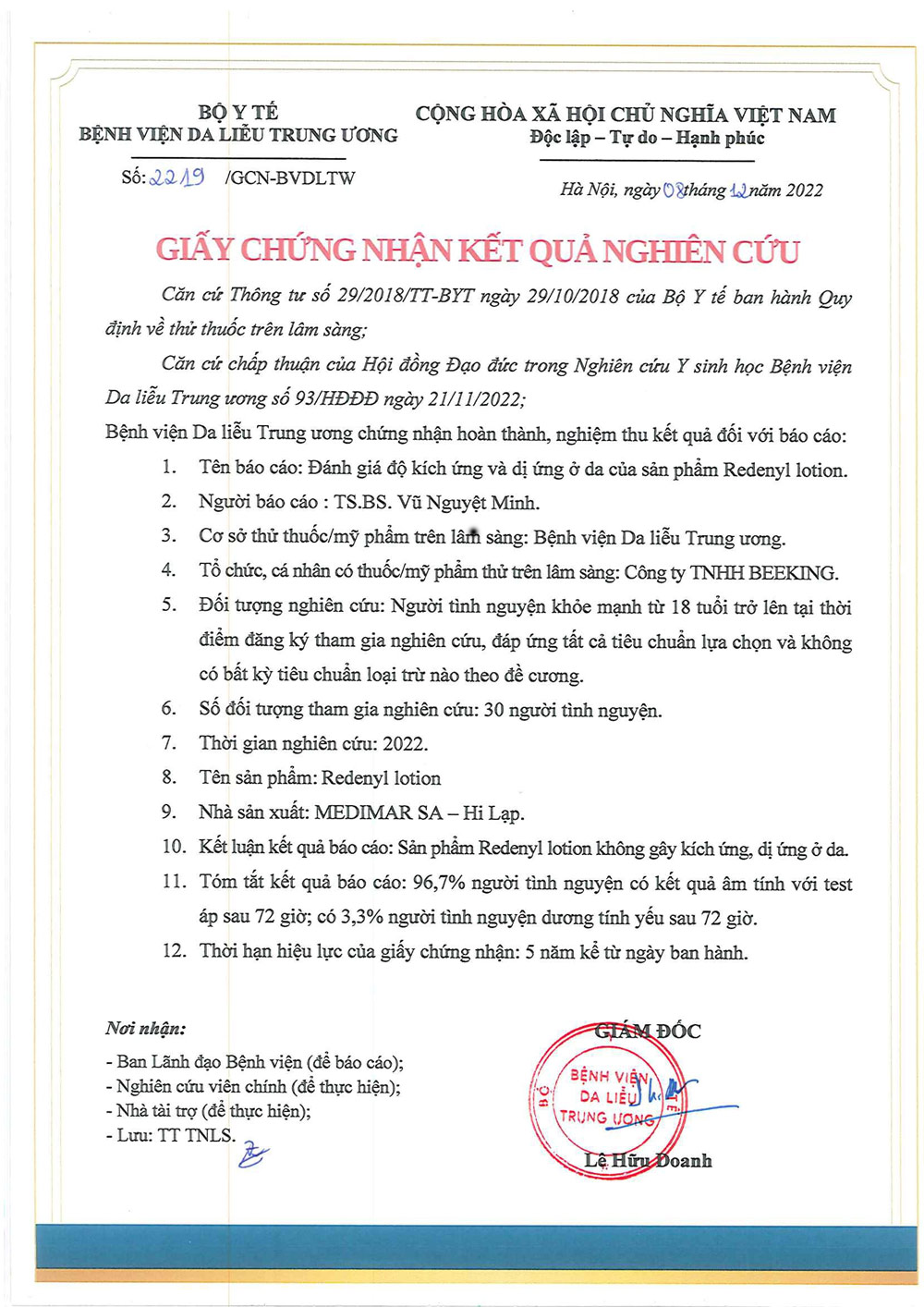 Chứng chỉ thử nghiệm sản phẩm Redenyl Lotion