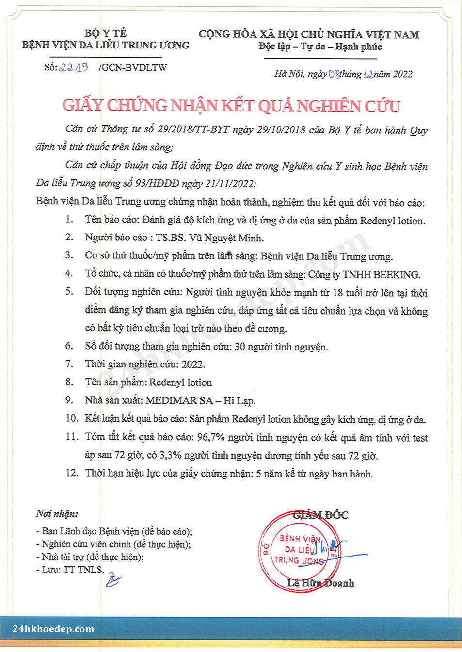 Chứng chỉ thử nghiệm sản phẩm Redenyl Lotion: